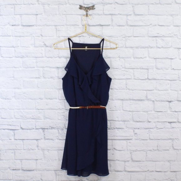 Iz Byer Dresses & Skirts - IZ BYER Navy Halter V Neck Ruffle Belted Faux Wrap Rustic Dress Size XL
